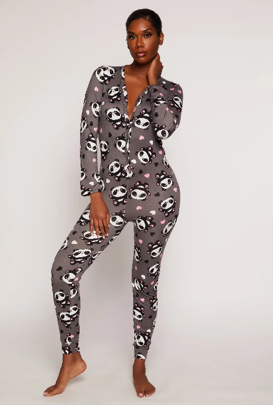 women's pajamas with a charming, vintage aestheticPanda Graphic V Neck Pajama Onesie