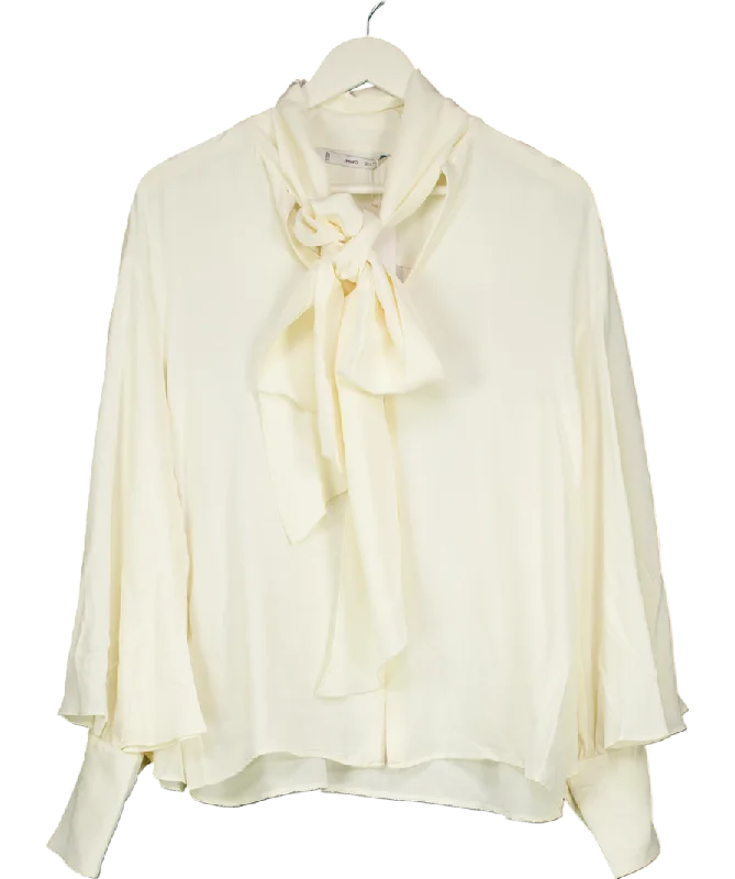 Women's Rounded Collar SweatersMANGO Cream Bow Neck Button Cuff Blouse UK L