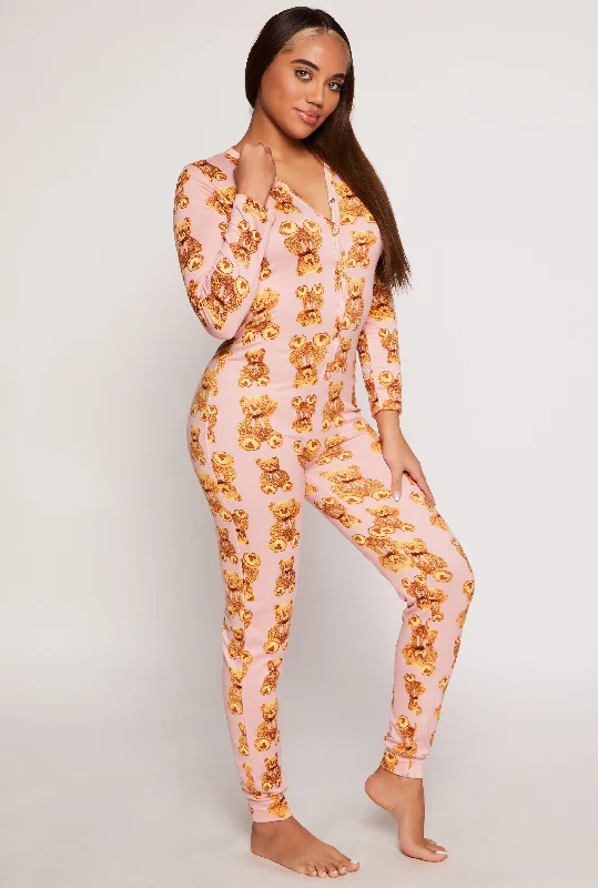 women's pajamas with a stylish cutTeddy Bear Print Button Front Pajama Onesie