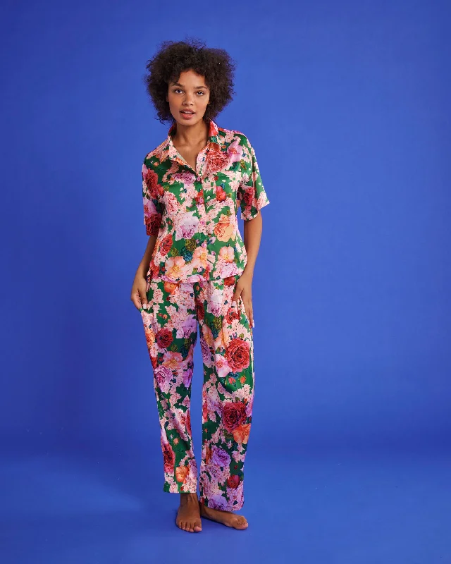 women's pajamas with a cozy, warm feelRose Garden Satin Short Sleeve Shirt & Pant Pyjama Set