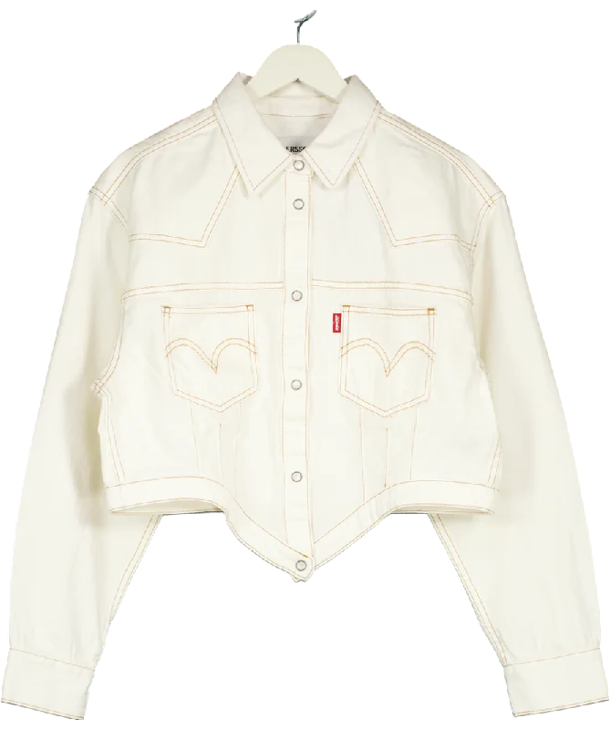 Women's Sweetheart Collar Sweaterslevis White Cinched Blouse Denim Jacket UK XL