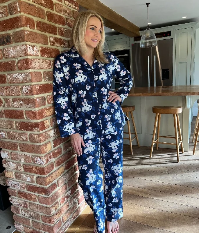 women's pajamas with a relaxed fitNavy Floral Brushed Cotton Pyjama Set