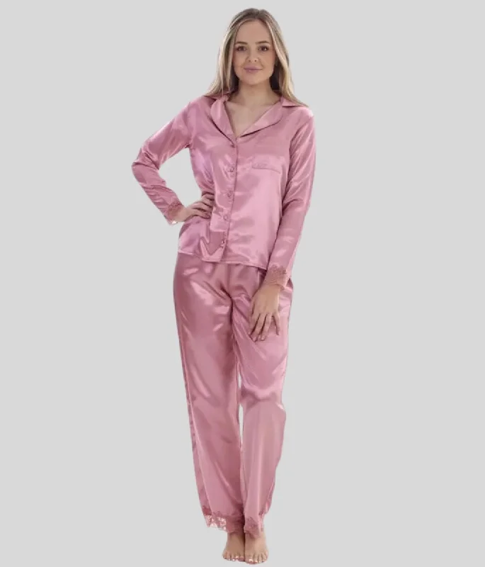 women's button-down pajama shirtsPink Lace Trim Satin Pyjamas