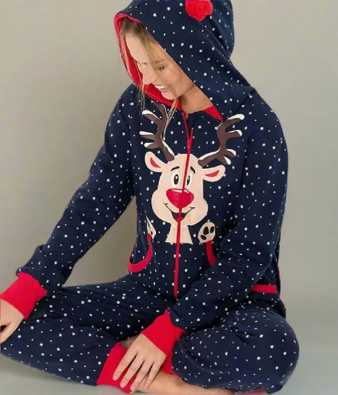 women's pajamas for those who want to feel pampered and lovedNavy Cotton Reindeer Onesie