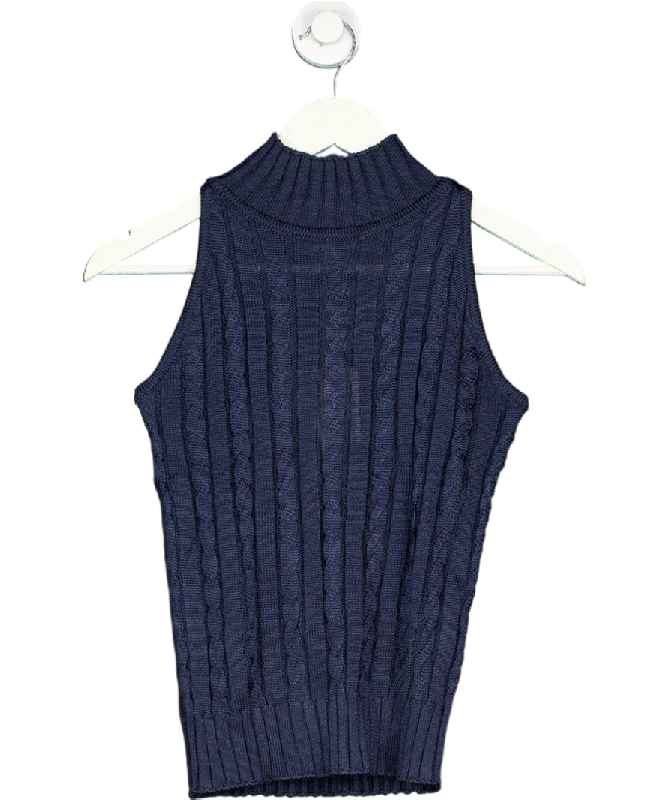 Women's Low Collar SweatersLily Silk Blue Sleeveless Cable Knit High Neck Sweater Top 100% Wild Silk UK XS