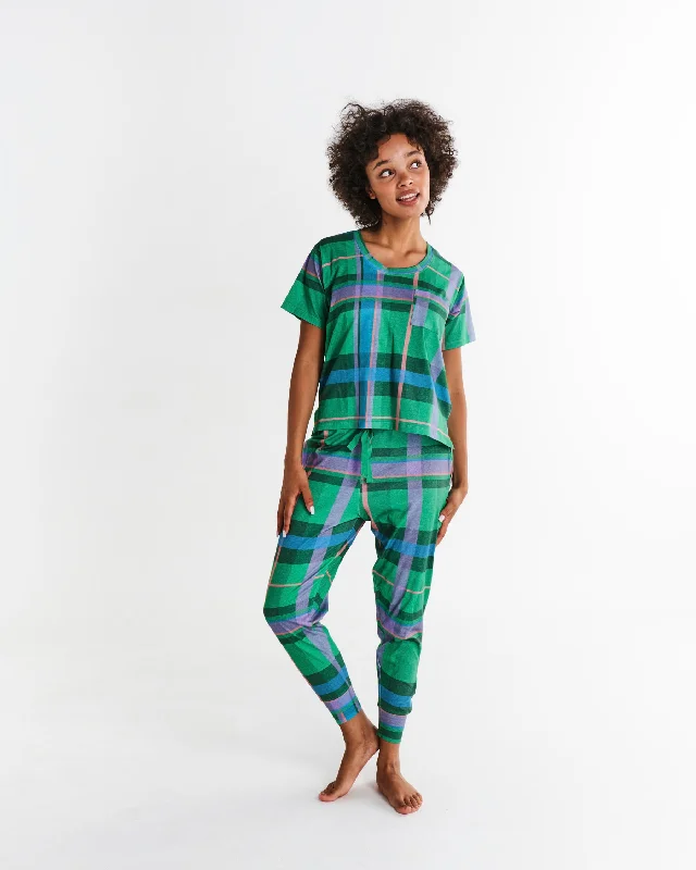 women's pajamas with a charming floral patternJewel Of The Nile Tartan Organic Cotton Short Sleeve T-Shirt & Slouch Pant Pyjama Set