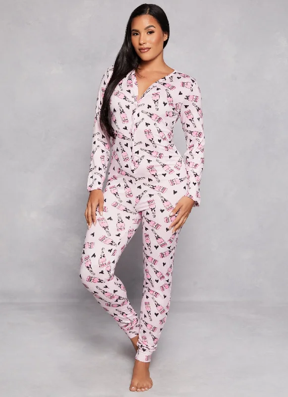 women's pajamas with a cozy, snug fit for ultimate comfortChampagne Print Button Front Onesie Pajamas