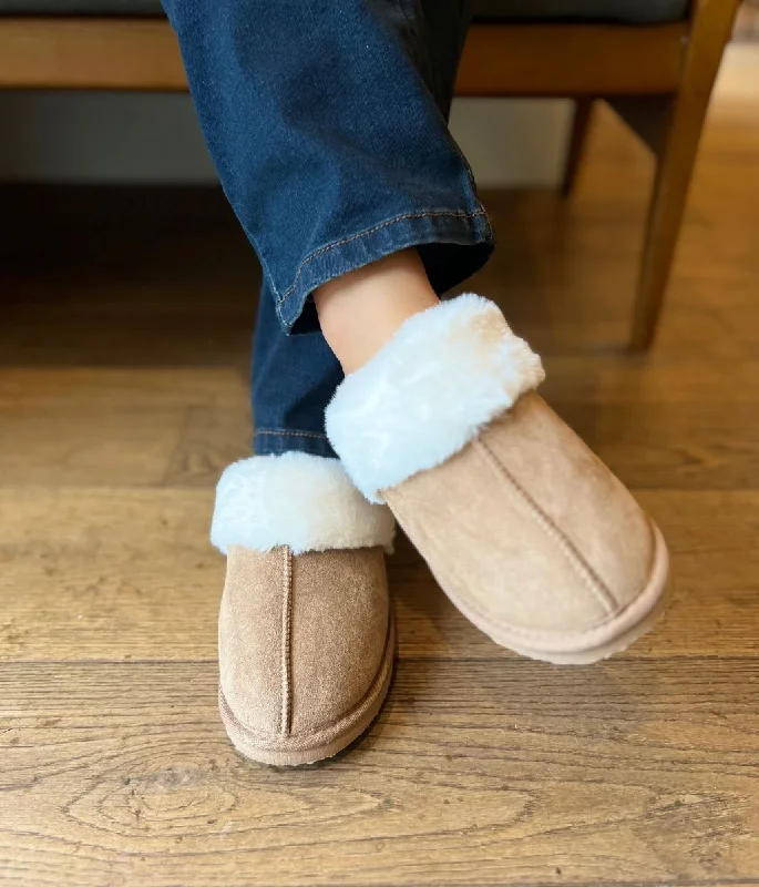 women's pajamas with moisture-wicking fabricCamel Faux Fur Mule Slippers