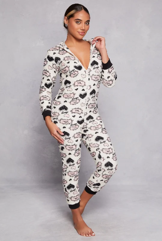 women's pajamas with a relaxed, casual vibePlush Heart Sleep Graphic Hooded Pajama Onesie