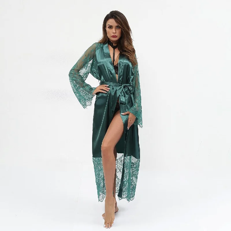 women's pajamas with lace trimLong Maxi Sleepwear  Lace Nightgown Ladies V-Neck  Satin Bath Robe