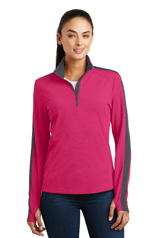 Women's Hooded Sweatshirts with Paisley LiningSport-Tek Womens Sport-Wick Moisture Wicking 1/4 Zip Sweatshirt - Raspberry Pink/Iron Grey - Closeout