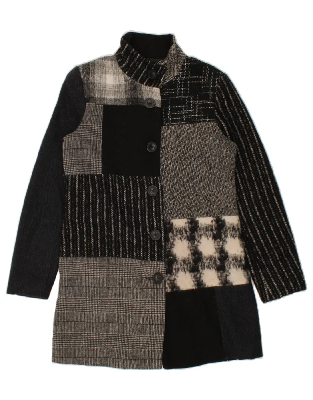 Women's Coats with Fur LiningDESIGUAL Womens Overcoat EU 38 Medium Black Patchwork Polyester