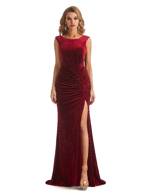 Women's Low Collar DressesSexy Open Back Mermaid Velvet Jewel High Split Maxi Long Bridesmaid Dresses Online