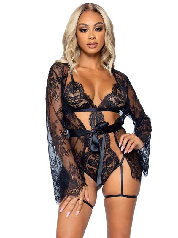 lace overlay braAll Romance Lace Teddy and Robe Set - Small -  Black