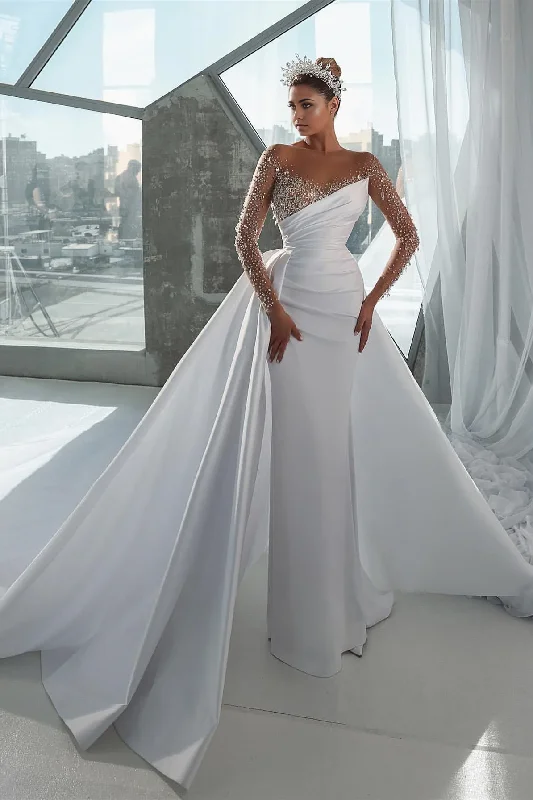 Women's Ribbed SkirtsLong Sleeves Mermaid Wedding Dress Overskirt WIth Beadings