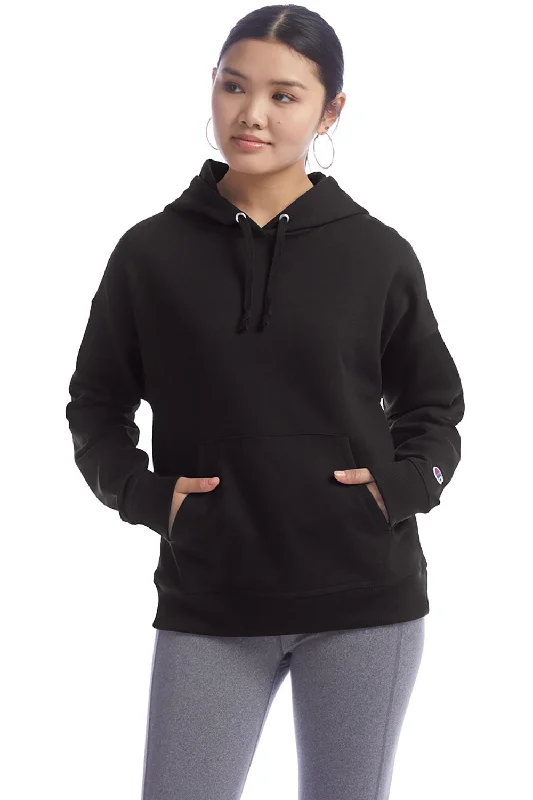 Women's Hooded Sweatshirts with Flared WaistChampion Womens PowerBlend Relaxed Hooded Sweatshirt Hoodie w/ Pouch Pocket - Black