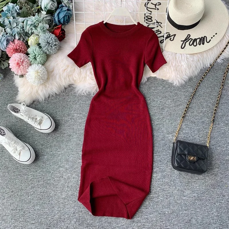 Women's Classic SkirtsShort-sleeved solid color round neck elastic knitted tight skirt dress mid-length     S3947