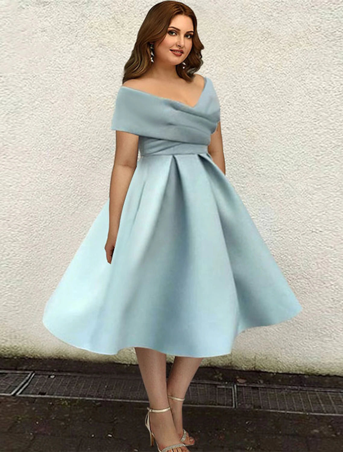 Women's Narrow-Neck DressesA-Line Cocktail Dresses 1950s Dress Wedding Guest Cocktail Party Tea Length Short Sleeve V Neck Satin with Sleek Pleats Pure Color