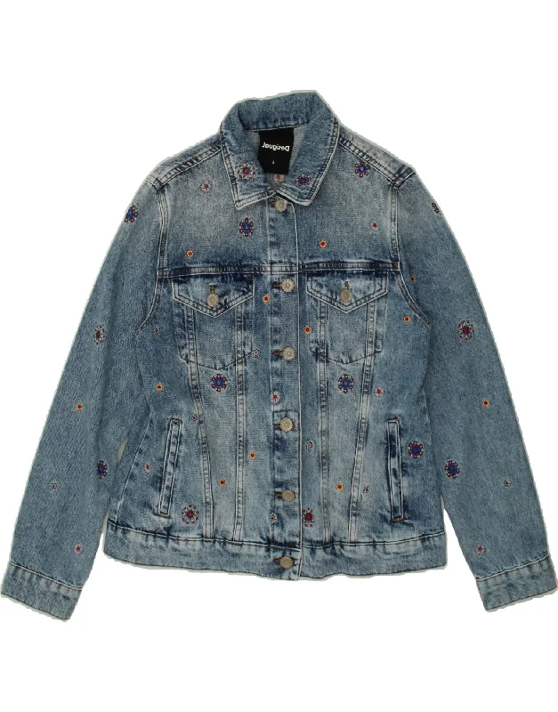 Women's Coats with Fur Trimmed ZipperDESIGUAL Womens Denim Jacket UK 14 Large Blue Floral Cotton