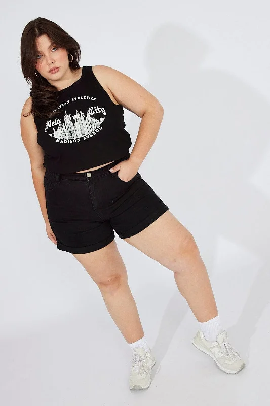 Women's Retro ShortsBlack Relaxed Shorts High Rise