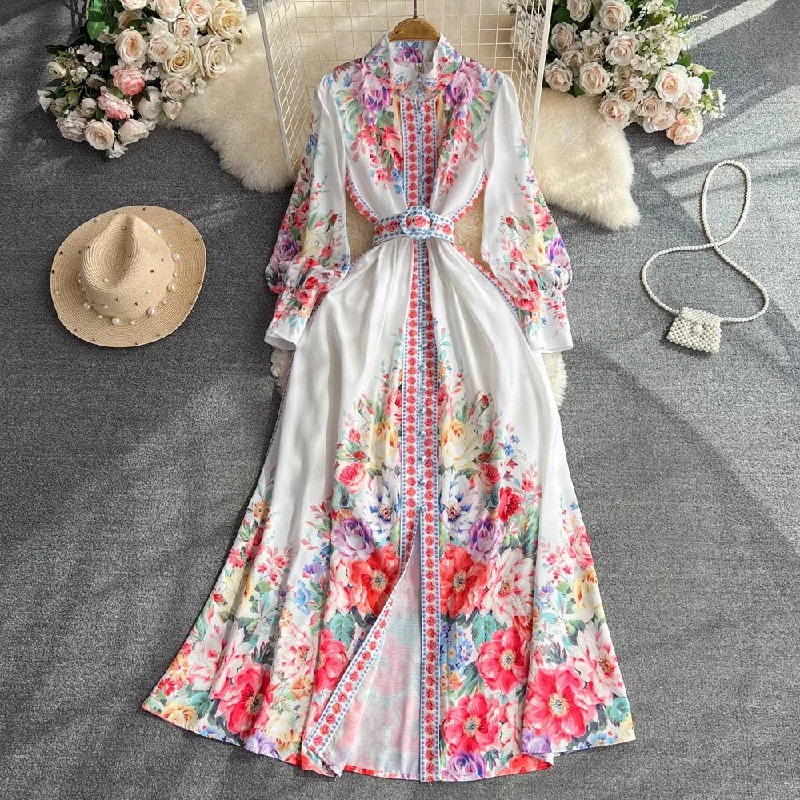 Women's Loose Fit SkirtsRetro lantern sleeves a-line printed dress elegant dress long skirt      S3935