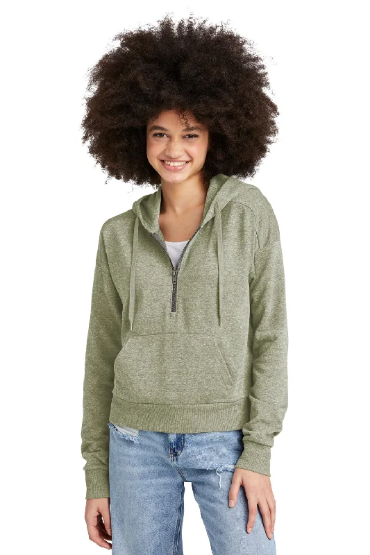 Women's Hooded Sweatshirts with Polyester LiningDistrict Womens Perfect Tri Fleece 1/4 Zip Hooded Sweatshirt Hoodie w/ Pouch Pocket - Military Green Frost