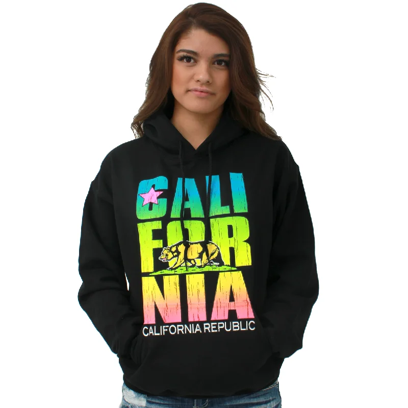 Women's Hooded Sweatshirts with Relaxed WaistCalifornia Flag Neon Retro Text Pullover Hoodie