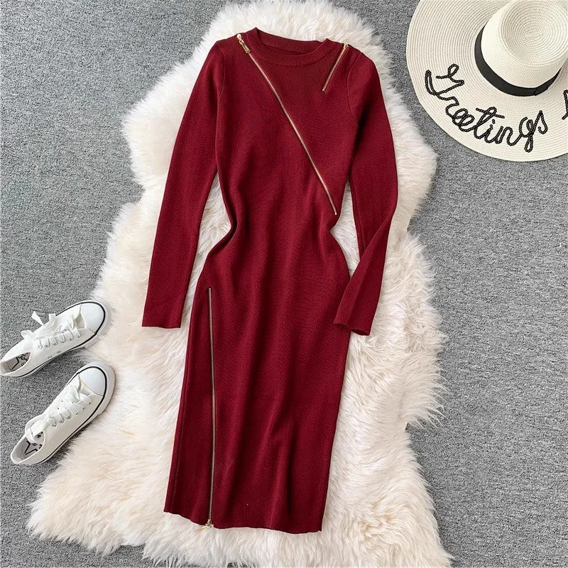 Women's Cozy SkirtsRound Neck Knitted Dress Women's Mid-Length Sweater Skirt Zipper Slit     S3911