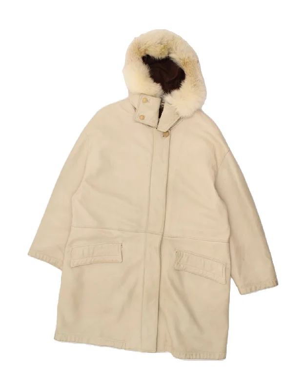 Women's Coats with Fur Trimmed SleevesVINTAGE Womens Hooded Leather Coat UK 16 Large Beige