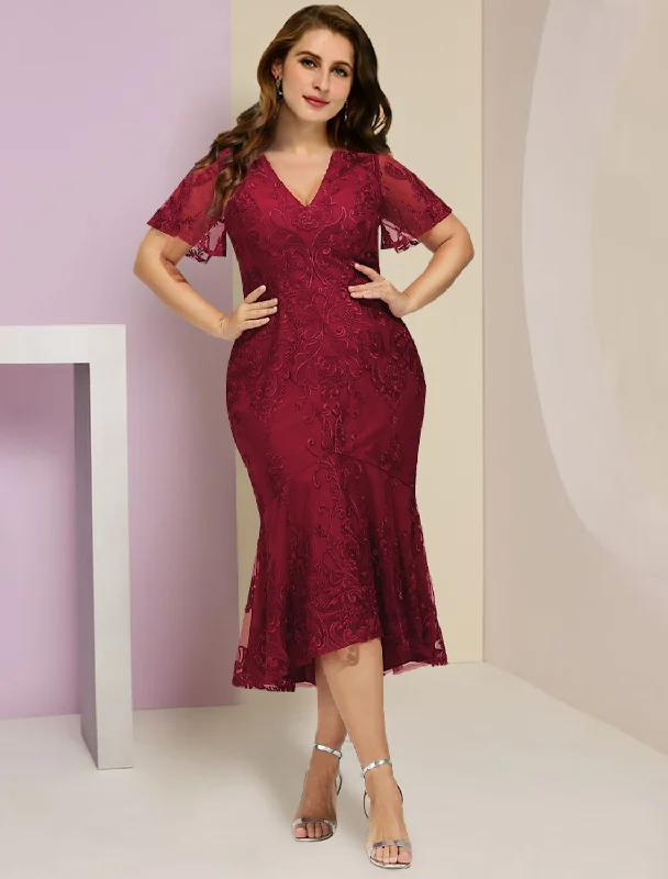 Women's Ruffled DressesMother of the Bride Dresses Plus Size Curve Hide Belly Wedding Guest Party Elegant V Neck Tea Length Lace Short Sleeve with Pleats Solid Color