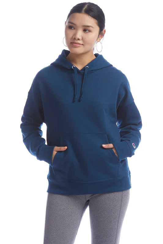 Women's Hooded Sweatshirts with Cinched WaistChampion Womens PowerBlend Relaxed Hooded Sweatshirt Hoodie w/ Pouch Pocket - Late Night Blue