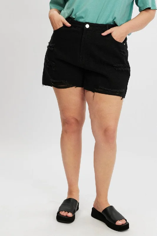 Women's Zip-Up ShortsBlack Relaxed Shorts High Rise