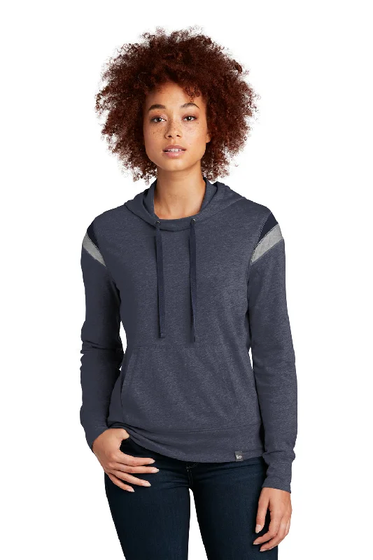 Women's Hooded Sweatshirts with Brocade LiningNew Era Womens Heritage Varsity Hooded Sweatshirt Hoodie w/ Pouch Pocket - Heather True Navy Blue/True Navy Blue/Heather Rainstorm Grey - Closeout