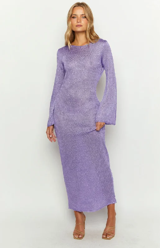 Women's Pleated DressesKendrick Purple Sequin Knit Long Sleeve Maxi Dress