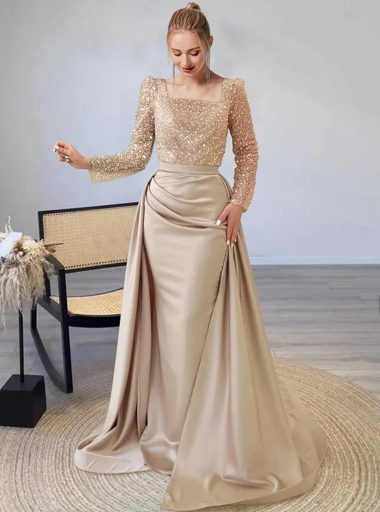 Women's Tiered SkirtsMermaid / Trumpet Evening Gown Formal Christmas Floor Length Long Sleeve Illusion Neck Champagne Mother Of the Bride Dress Sequined with Pearls Overskirt