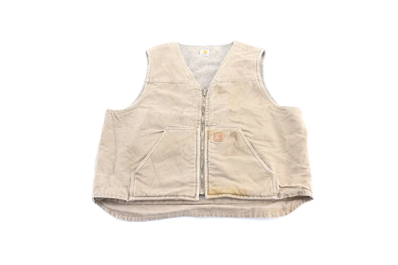 Women's Down CoatsCarhartt Logo Patch Light Tan Sherpa Lined Zip Up Vest