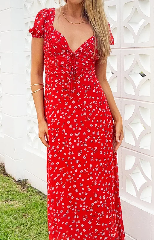 Women's Narrow Collar DressesAyla Red Floral Short Sleeve Maxi Dress