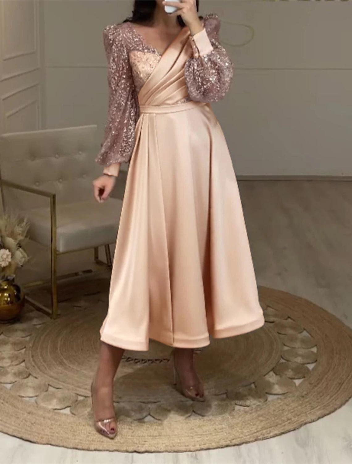 Women's Bell-Sleeve DressesA-Line Cocktail Dresses Elegant Dress Party Wear Wedding Guest Tea Length Long Sleeve V Neck Fall Wedding Guest Satin with Ruched