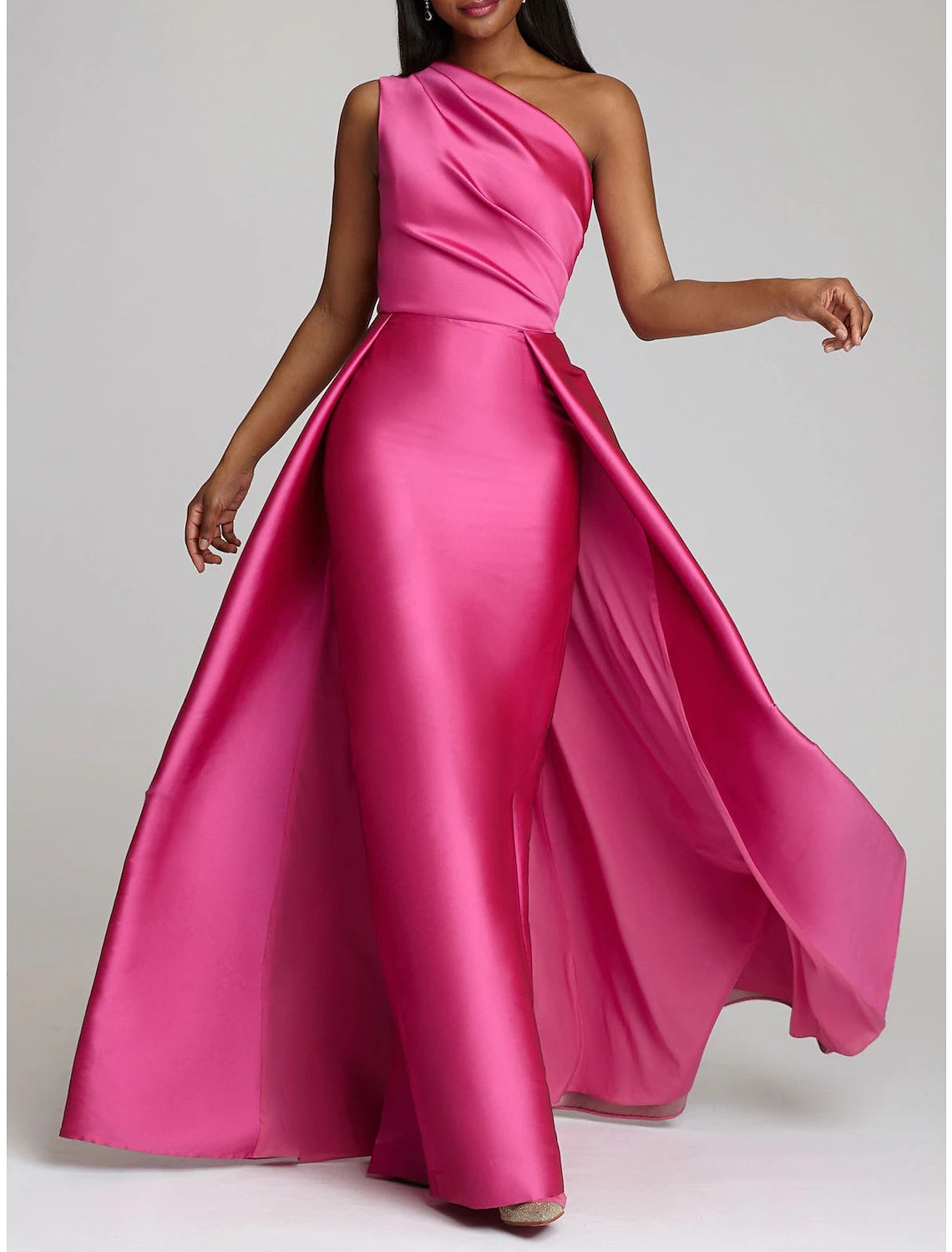 Women's Shirt Collar SkirtsSheath Christmas Red Green Dress Evening Gown Hot Pink Dress Wedding Guest Floor Length Sleeveless One Shoulder Satin with Overskirt Pure Color