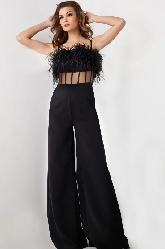 Women's Jumpsuits with Rounded CollarJovani 24144 Long Feather Formal Jumpsuit