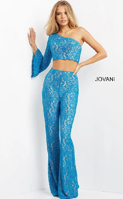 Women's Jumpsuits with Low WaistJovani 08693 One Shoulder Two Piece Lace Jumpsuit