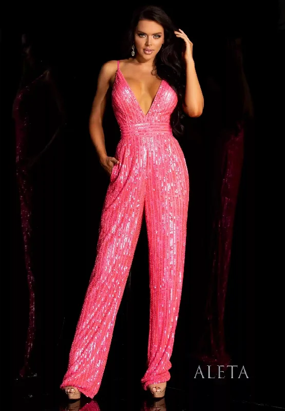 Women's Short-Sleeve JumpsuitsAleta 972 Prom Sequins Long Formal Evening Jumpsuit