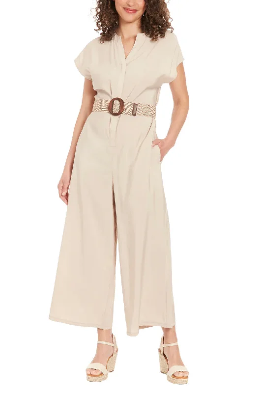 Women's Jumpsuits with Cropped LengthLondon Times T7538M Long Belted Formal Jumpsuit