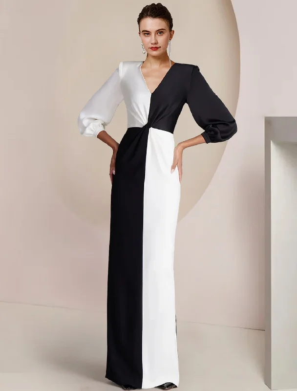 Women's High Collar DressesSheath / Column Mother of the Bride Dress Formal Wedding Guest Party Elegant V Neck Floor Length Stretch Satin 3/4 Length Sleeve with Color Block