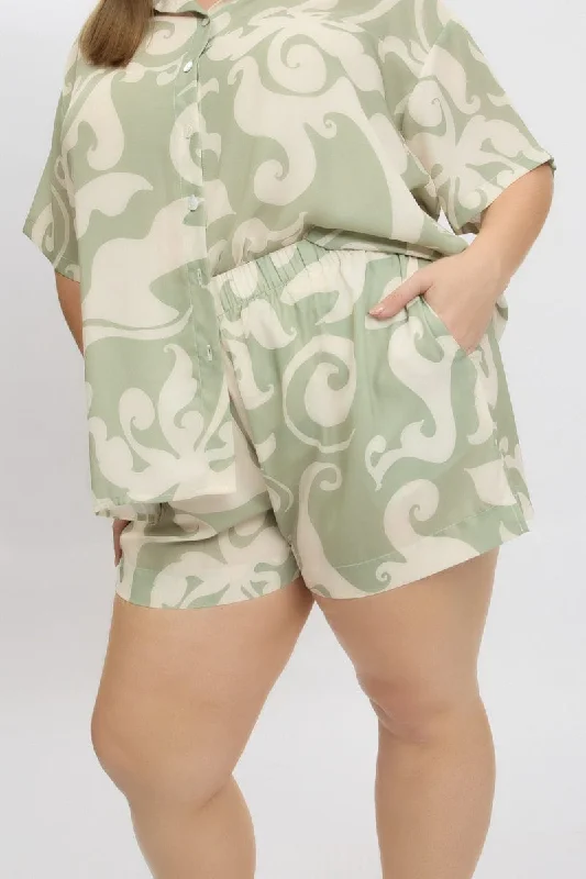 Women's Cool ShortsGreen Abstract Elastic Waist Shorts