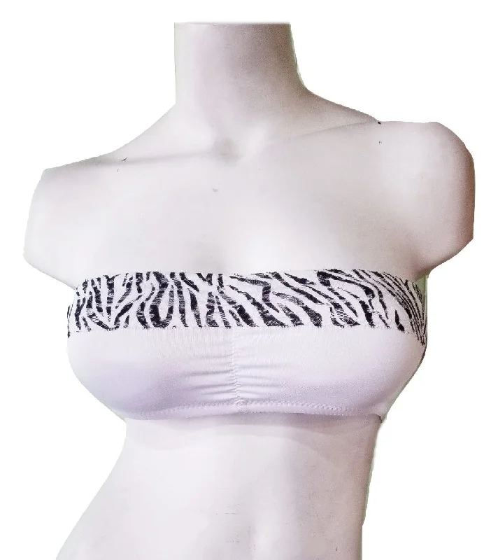 sports bra with compression technologyWhite Padded Bandeau Bra with Zebra Trim