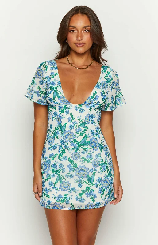 Women's Ruffled DressesMira Blue Floral Chiffon Mini Dress