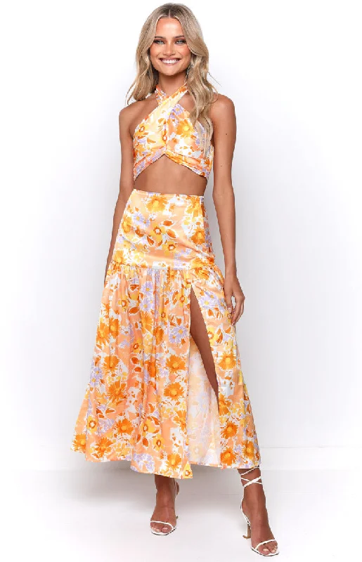 Women's Boat-Neck DressesJuniper Orange Floral Maxi Skirt