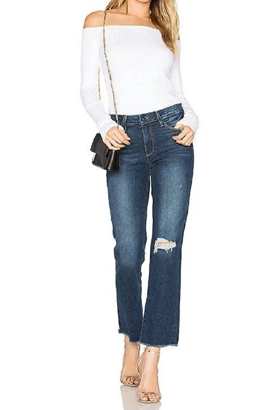 Women's Jodhpurs with U-Shaped NeckJacqueline Straight Crop Domino Destructed Raw Hem Jeans In Blue