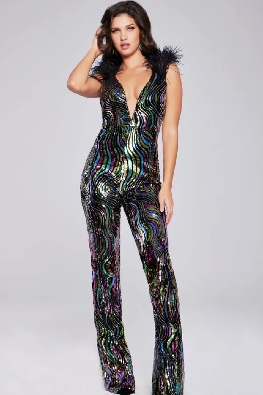 Women's Jumpsuits with Mid-LengthJovani 37276 Sequin Long Fit Formal Jumpsuit